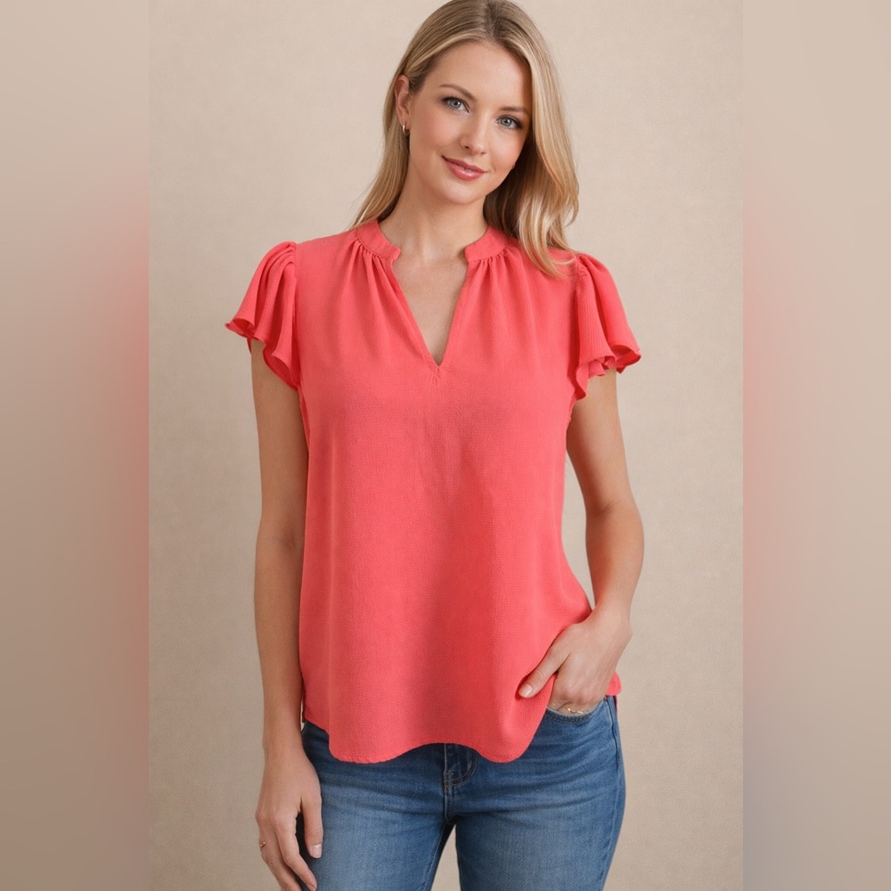 CeCe Coral Ruffle Sleeve Blouse